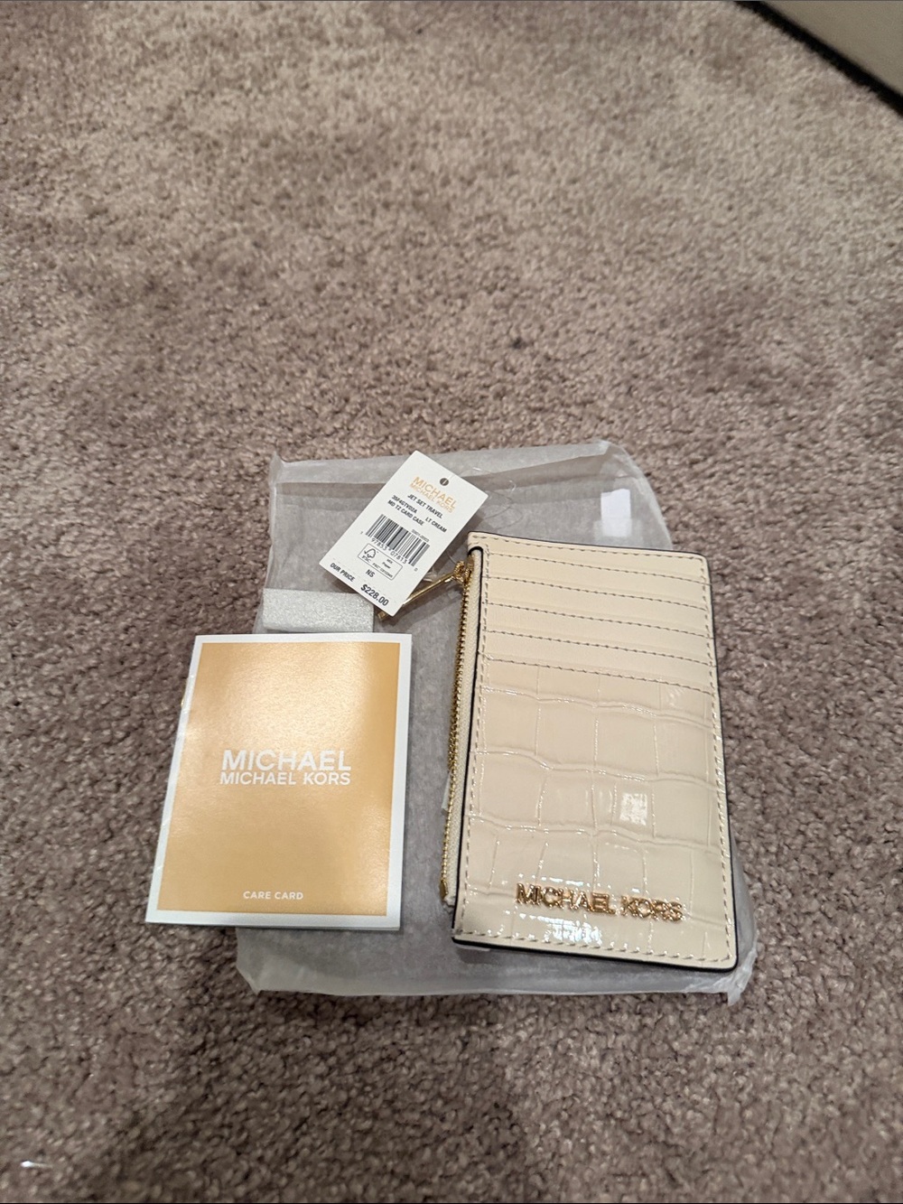 Michael Kors Cream Croc-Embossed Card Wallet with Gold Logo
